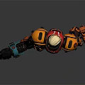 Futuristic Armored Female Character With Orange Red Armor Mechanical Arm And Weapon Design