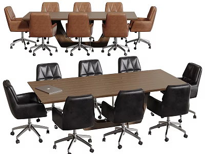 Sturdy Wooden Conference Table With Comfortable Leather Swivel Chairs For Office Use 3d model