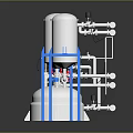 Industrial Process Equipment With White Tanks Red Mechanical Arm Blue Frames And Piping System
