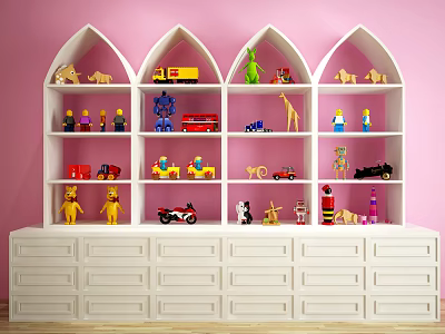 White Toy Storage Shelf with Arched Compartments Various Toys Pink Wall Background and Drawers Below 3d model