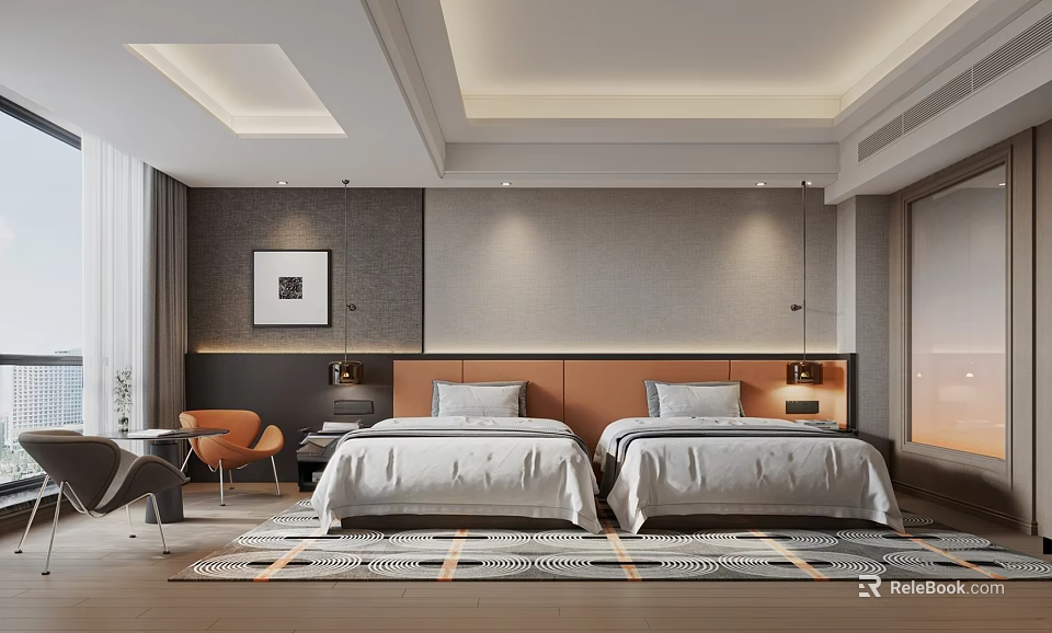 Hotel Guest Room With Twin Beds Gray Walls Wooden Headboards Decorative Painting And Window Carpet 3d model 