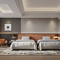 Hotel Guest Room With Twin Beds Gray Walls Wooden Headboards Decorative Painting And Window Carpet