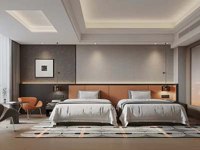 Hotel Guest Room With Twin Beds Gray Walls Wooden Headboards Decorative Painting And Window Carpet 3d model