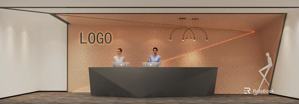 Front Desk Reception with Two Receptionists on Laptops Textured Wall Logo and Pendant Lights 3d model 
