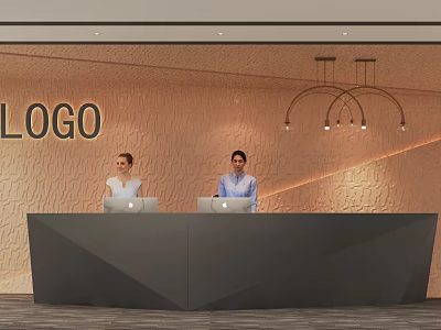 Front Desk Reception with Two Receptionists on Laptops Textured Wall Logo and Pendant Lights 3d model