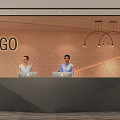 Front Desk Reception with Two Receptionists on Laptops Textured Wall Logo and Pendant Lights