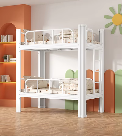 White Bunk Bed With Safety Railings And Patterned Mattresses In Kids Room With Orange Bookshelves 3d model