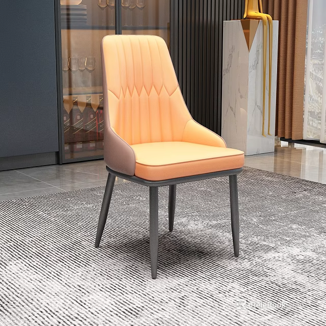 Modern Luxury Orange Leather Dining Chair with Tufted Back and Black Metal Legs 3d model 
