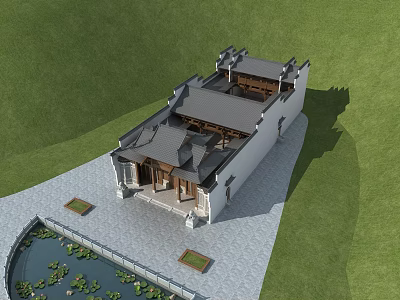 Ancient Architecture Traditional Roof White Walls Wooden Doors Green Lawn and Lotus Pond 3d model