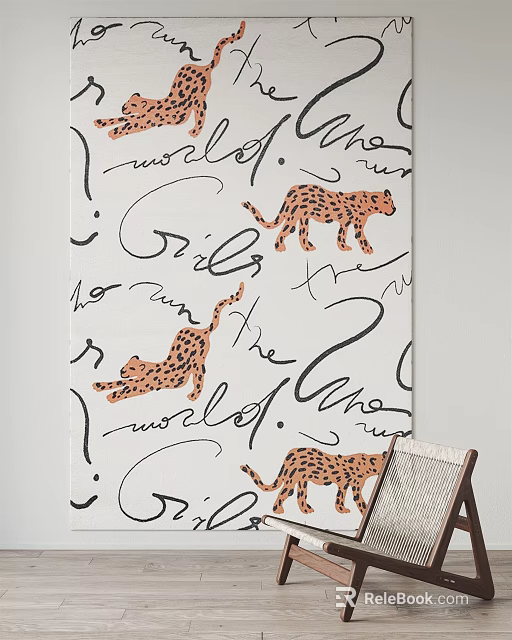 Stylish Square Rug with Cheetah Print and Handwritten Script on White Background 3d model