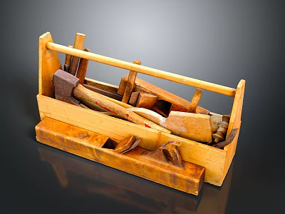 Wooden Storage Box For Organizing Woodworking Tools Including Hammer Chisel And Plane 3d model