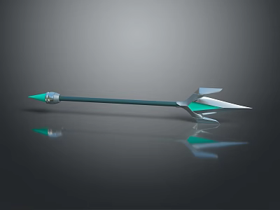 Arrow Weapon With Green Arrowhead Blue Shaft Silver Fletching On Reflective Surface 3d model