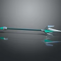 Arrow Weapon With Green Arrowhead Blue Shaft Silver Fletching On Reflective Surface