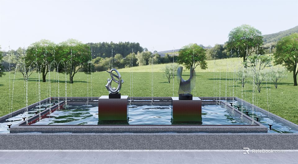 Modern Abstract Landscape Sculptures in Water Pool Surrounded by Trees and Green Grassland 3d model 