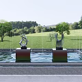 Modern Abstract Landscape Sculptures in Water Pool Surrounded by Trees and Green Grassland