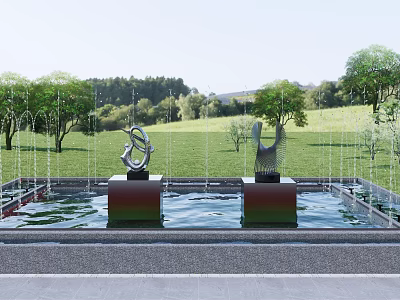 Modern Abstract Landscape Sculptures in Water Pool Surrounded by Trees and Green Grassland 3d model