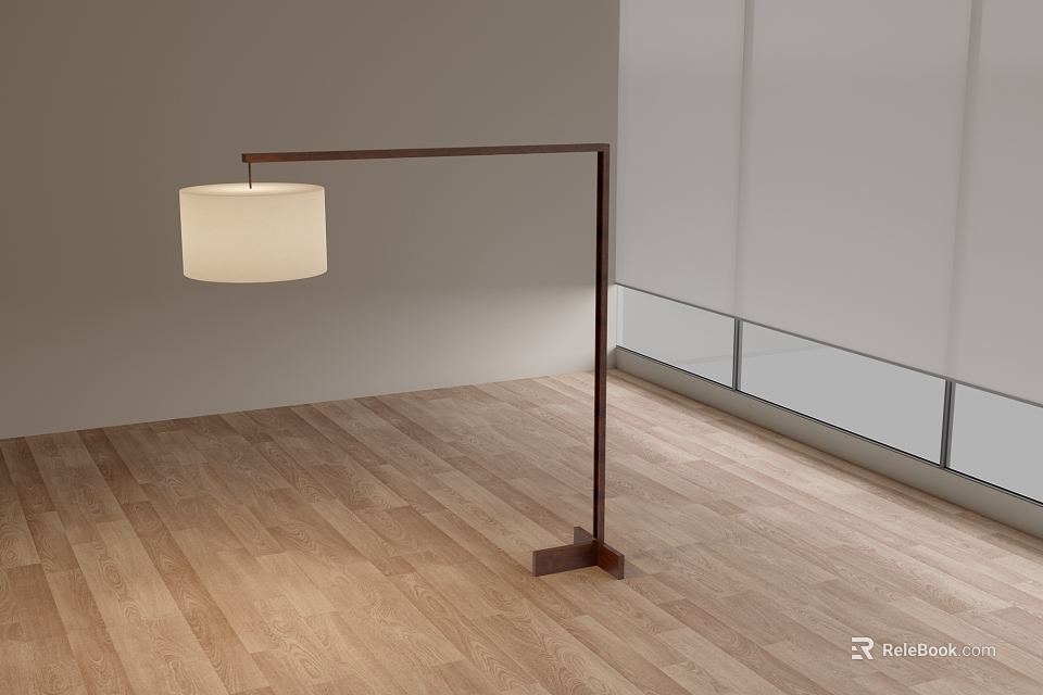Minimalist Arched Floor Lamp with White Fabric Shade on Wooden Floor and Light Colored Wall 3d model 