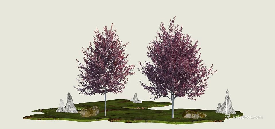 Trees With Purple Red Leaves In Green Grass Setting With White Stones And Low Rocks 3d model 