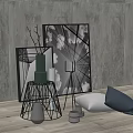 Modern Ornamental Decor Set With Concrete Wall Black White Painting Branches And Navy Cushions
