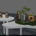 Modern Tea Break Area Featuring Curved White Tables Green Plants And Snacks