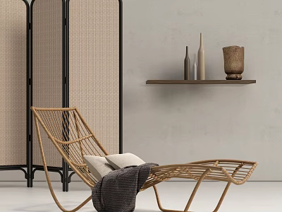 Wicker Lounge Chair With Pillows And Blanket Near Rattan Screen And Wall Shelf 3d model