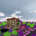 Detached Villa Featuring Red Roof Yellow Exterior Lush Green Garden Pond And Driveway