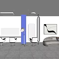 Modern Shopping Mall Hair Salon With White Blue Interior Styling Chairs Mirrors And Sofa