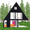 Modern Detached House Nestled in Forest with Angled Black Roofs and Illuminated Windows