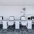 Modern Office Desk Setup With Multiple Computers White Chairs Gray Carpet And Wall Text 3d model