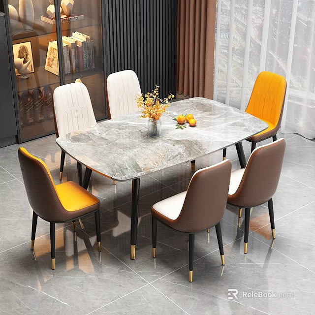 Marble Dining Table Set With Orange White Brown Chairs Golden Legs And Flower Fruit Decoration 3d model 