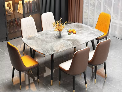 Marble Dining Table Set With Orange White Brown Chairs Golden Legs And Flower Fruit Decoration 3d model