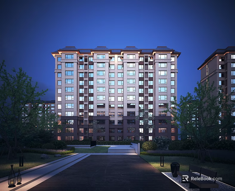Elegant Mid Rise Residential Building Night View With Greenery And Pathway Lighting 3d model 