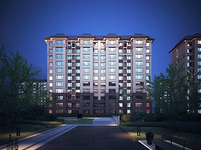 Elegant Mid Rise Residential Building Night View With Greenery And Pathway Lighting 3d model