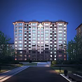 Elegant Mid Rise Residential Building Night View With Greenery And Pathway Lighting