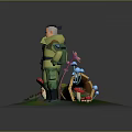 Two Characters In Green Uniforms Standing With Colorful Mushrooms And Plants