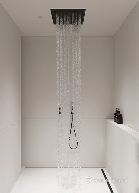Modern Bathroom Interior With Overhead Rain Shower Black Showerhead And Black Bottles On White Shelf 3d model 