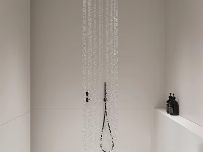 Modern Bathroom Interior With Overhead Rain Shower Black Showerhead And Black Bottles On White Shelf 3d model
