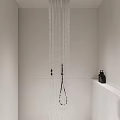 Modern Bathroom Interior With Overhead Rain Shower Black Showerhead And Black Bottles On White Shelf