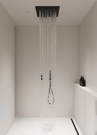 Modern Bathroom Interior With Overhead Rain Shower Black Showerhead And Black Bottles On White Shelf 3d model