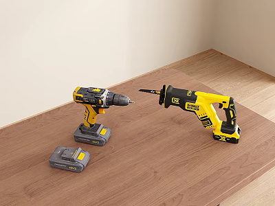 Yellow and Black Power Hardware Tools with Drill Impact Wrench and Battery on Wooden Table 3d model