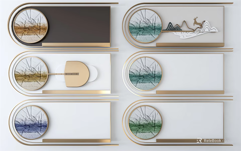 Circular Wall Decor With Landscape Elements Golden Frames And Deer Motifs 3d model
