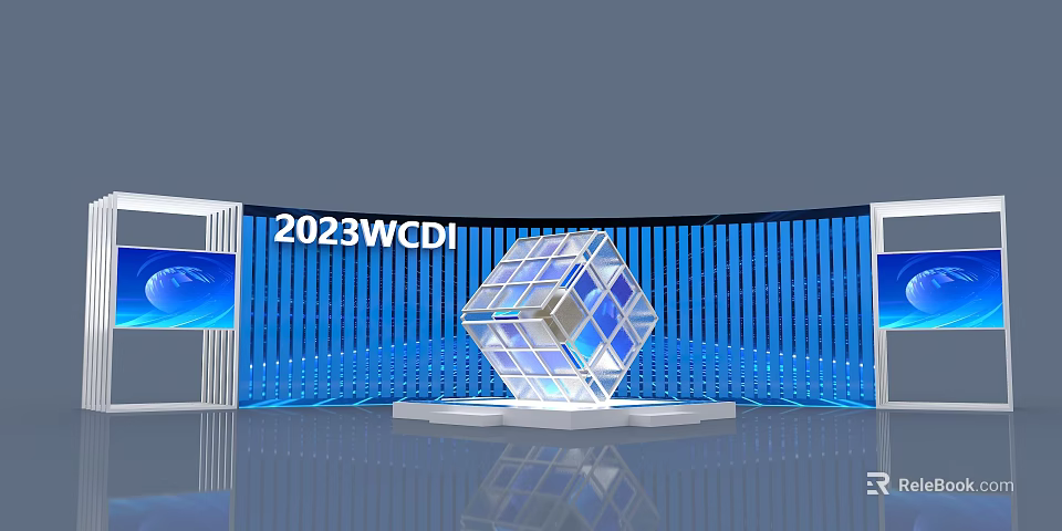2023WCDI Commercial Equipment with Transparent Cube Display in Modern Blue Exhibition Setting 3d model 