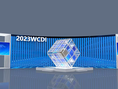 2023WCDI Commercial Equipment with Transparent Cube Display in Modern Blue Exhibition Setting 3d model