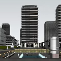 Modern Scenic Commercial Street With Tall Buildings Pool Pedestrians And Trees