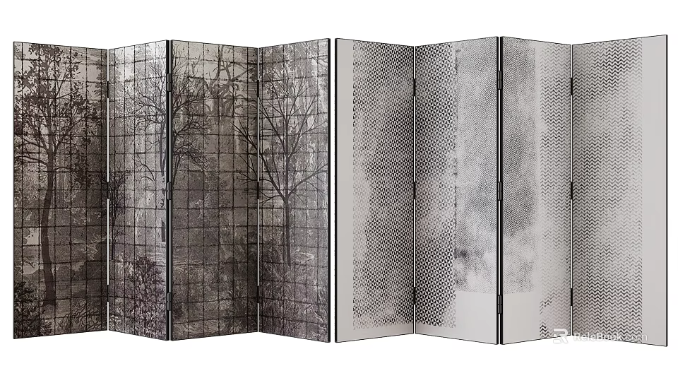 Folding Screen With Tree And Grid Art For Room Decoration 3d model