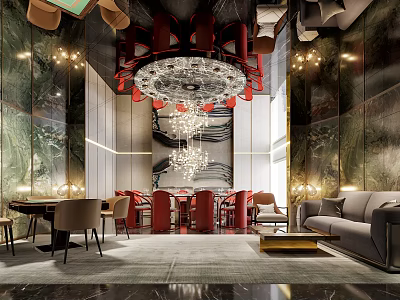 Luxurious Private Room Interior With Chandeliers Red Chairs Sofa And Dining Table 3d model