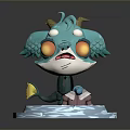 Teal Horned 3D Cartoon Creature With Orange Eyes Standing On Ice Base Platform