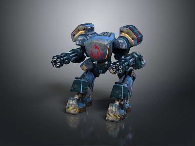 Game Movie Character Blue Gray Mech Robot With Multiple Arm Cannons Battle Worn Design 3d model