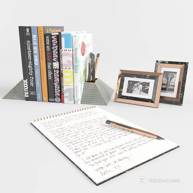 Stack of books magazines open notebook with handwritten notes stationery items and photo frames on desk 3d model 