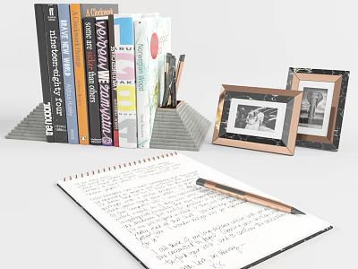 Stack of books magazines open notebook with handwritten notes stationery items and photo frames on desk 3d model
